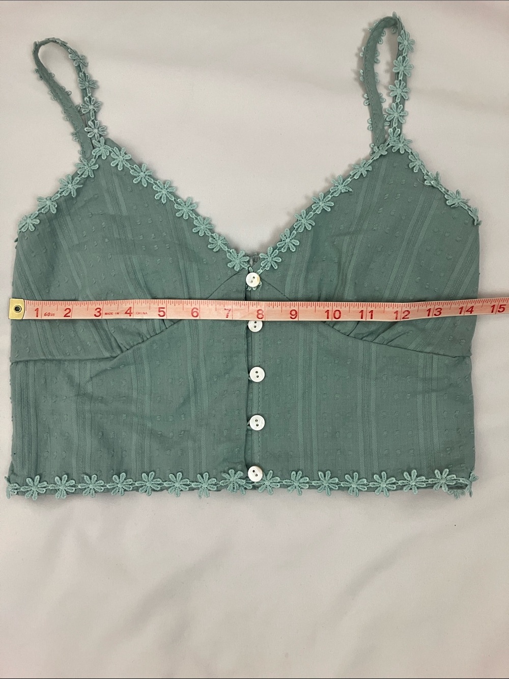 Mint Green Floral Trim Cropped Button Front Top Woman’s Size Small - Picture 5 of 6